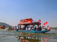 Omar Abdullah, the leader of Jammu and Kashmir National Conference (JKNC), right, during an election rally at Dal Lake, ahead of the second...