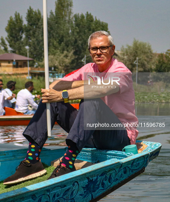 Omar Abdullah, the leader of Jammu and Kashmir National Conference (JKNC), looks on during an election rally at Dal Lake, ahead of the secon...