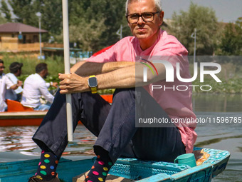 Omar Abdullah, the leader of Jammu and Kashmir National Conference (JKNC), looks on during an election rally at Dal Lake, ahead of the secon...