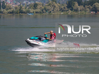 Former chief minister of Jammu and Kashmir and the leader of Jammu and Kashmir National Conference (JKNC) Omar Abdullah rides a jet ski duri...