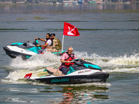 Former chief minister of Jammu and Kashmir and the leader of Jammu and Kashmir National Conference (JKNC) Omar Abdullah rides a jet ski duri...