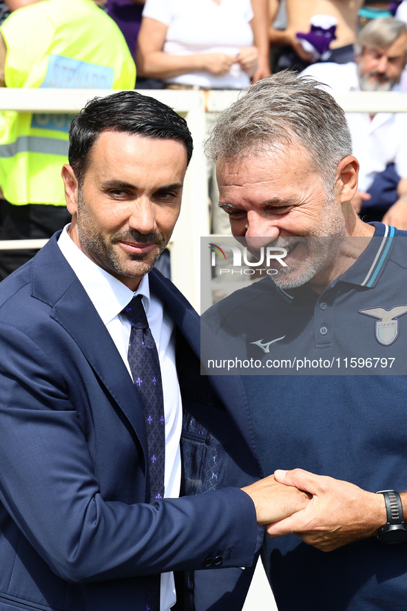 Head Coach Raffaele Palladino of ACF Fiorentina  talks to Head Coach Marco Baroni of SS Lazio , prior to the Italian Serie A football match...