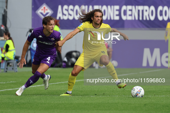 Edoardo Bove of ACF Fiorentina and Matteo Guendouzi of SS Lazio ,battle for the ball during the Italian Serie A football match between ACF F...