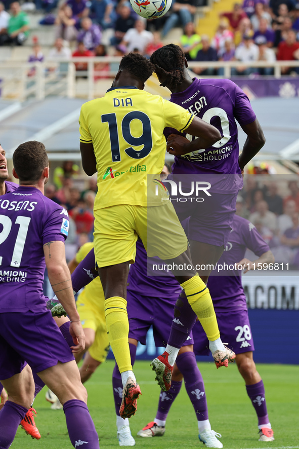 Moise Kean of ACF Fiorentina and Boulaye Dia of SS Lazio ,battle for the ball during the Italian Serie A football match between ACF Fiorenti...