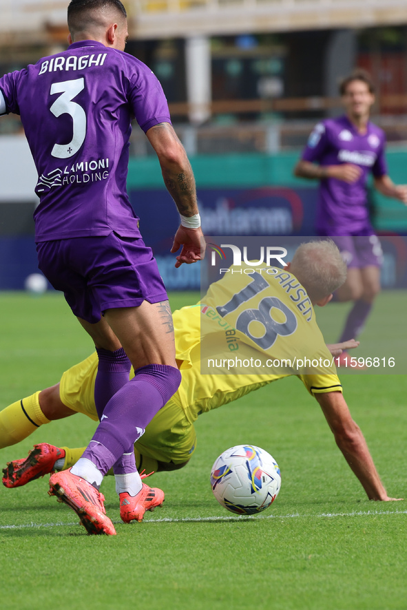 Cristiano Biraghi  of ACF Fiorentina and Gustav Isaksen of SS Lazio ,battle for the ball during the Italian Serie A football match between A...