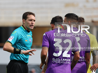 Cristiano Biraghi  of ACF Fiorentina speaks to referee during the Italian Serie A football match between ACF Fiorentina and SS Lazio ,on Sep...