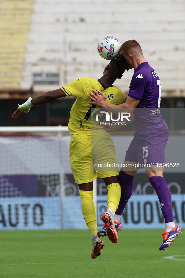 Pietro Comuzzo of ACF Fiorentina and Tijjani Noslin of SS Lazio ,battle for the ball during the Italian Serie A football match between ACF F...