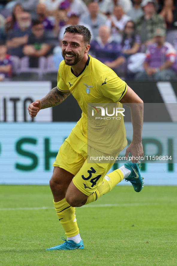 Mario Gila of SS Lazio celebrates after scoring his team's goal during  the Italian Serie A football match between ACF Fiorentina and SS Laz...