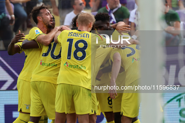 Mario Gila of SS Lazio celebrates with teammates after scoring  goal during  the Italian Serie A football match between ACF Fiorentina and S...