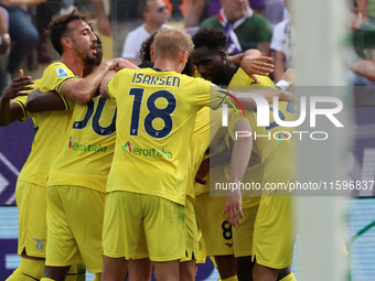 Mario Gila of SS Lazio celebrates with teammates after scoring  goal during  the Italian Serie A football match between ACF Fiorentina and S...