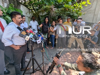 Sri Lanka's presidential candidate of National People's Power (NPP), Anura Kumara Dissanayake, speaks to the press after casting his vote at...