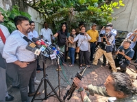 Sri Lanka's presidential candidate of National People's Power (NPP), Anura Kumara Dissanayake, speaks to the press after casting his vote at...