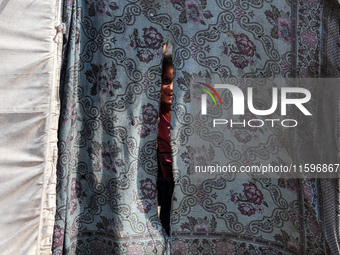 A Palestinian boy looks out from his tent in the Al-Mawasi area in Khan Yunis in the southern Gaza Strip on September 22, 2024, amid the ong...