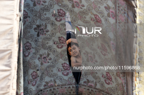 A Palestinian boy looks out from his tent in the Al-Mawasi area in Khan Yunis in the southern Gaza Strip on September 22, 2024, amid the ong...