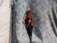 Displaced Palestinian children look out from their tent in the Mawasi area in Khan Younis, southern Gaza Strip, on September 22, 2024, amid...