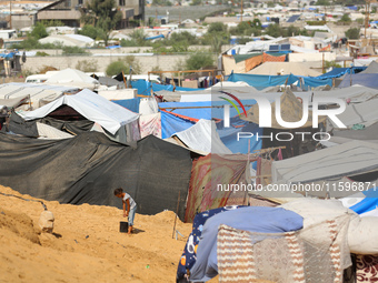 Displaced Palestinians shelter in a tent camp amid the Israel-Hamas conflict in the Al-Mawasi area in Khan Yunis in the southern Gaza Strip...