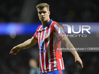 Alexander Sorloth centre-forward of Atletico de Madrid and Norway reacts during the UEFA Champions League 2024/25 League Phase MD1 match bet...