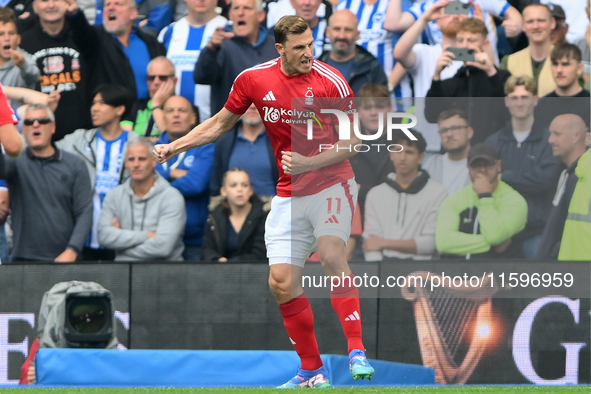 Chris Wood of Nottingham Forest celebrates after scoring a goal to make it 0-1 during the Premier League match between Brighton and Hove Alb...