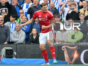 Chris Wood of Nottingham Forest celebrates after scoring a goal to make it 0-1 during the Premier League match between Brighton and Hove Alb...