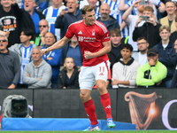 Chris Wood of Nottingham Forest celebrates after scoring a goal to make it 0-1 during the Premier League match between Brighton and Hove Alb...