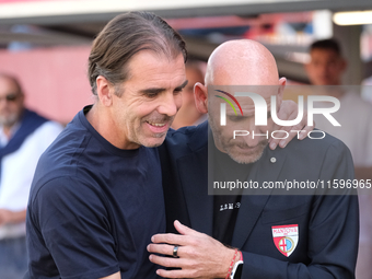 (Left to right) Edoardo Gorini, Head Coach of AS Cittadella 1973, and Davide Possanzini, Head Coach of Mantova 1911, during the Italian Seri...