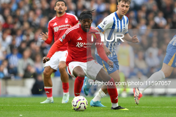 Anthony Elanga of Nottingham Forest is in action during the Premier League match between Brighton and Hove Albion and Nottingham Forest at t...