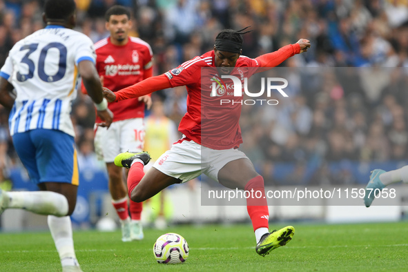 Anthony Elanga of Nottingham Forest is in action during the Premier League match between Brighton and Hove Albion and Nottingham Forest at t...