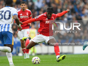 Anthony Elanga of Nottingham Forest is in action during the Premier League match between Brighton and Hove Albion and Nottingham Forest at t...