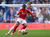 Callum Hudson-Odoi of Nottingham Forest is under pressure from Lewis Dunk of Brighton during the Premier League match between Brighton and H...