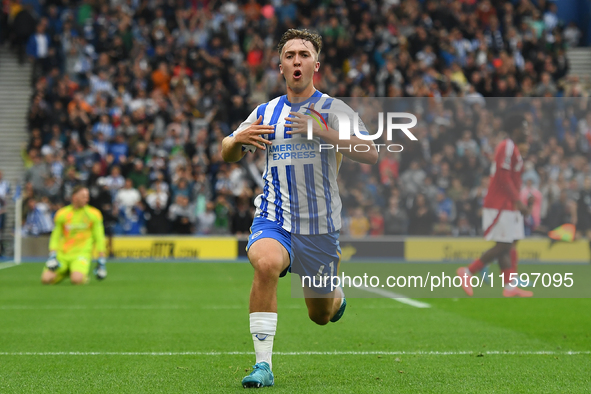 Jack Hinshelwood of Brighton celebrates after scoring a goal to make it 1-1 during the Premier League match between Brighton and Hove Albion...