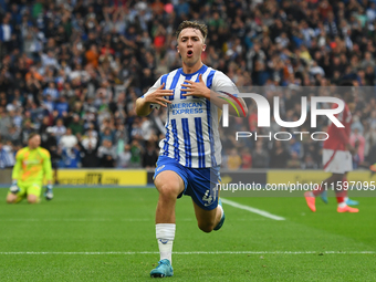 Jack Hinshelwood of Brighton celebrates after scoring a goal to make it 1-1 during the Premier League match between Brighton and Hove Albion...