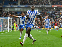 Danny Welbeck of Brighton celebrates after scoring a goal to make it 2-1 during the Premier League match between Brighton and Hove Albion an...