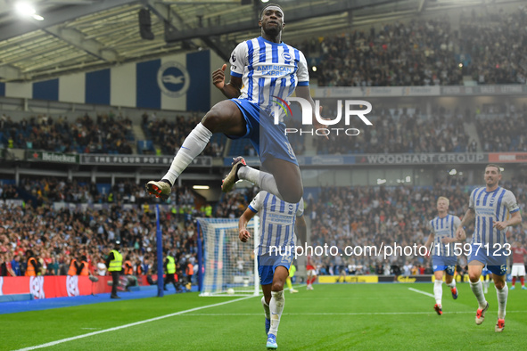 Danny Welbeck of Brighton celebrates after scoring a goal to make it 2-1 during the Premier League match between Brighton and Hove Albion an...