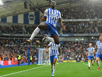 Danny Welbeck of Brighton celebrates after scoring a goal to make it 2-1 during the Premier League match between Brighton and Hove Albion an...