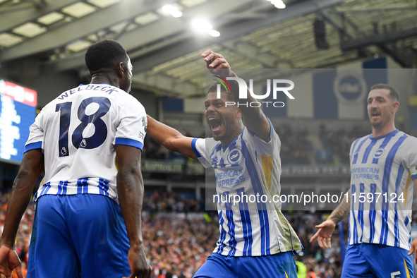 Georginio Rutter of Brighton celebrates after Danny Welbeck of Brighton scores a goal to make it 2-1 during the Premier League match between...