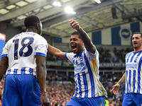 Georginio Rutter of Brighton celebrates after Danny Welbeck of Brighton scores a goal to make it 2-1 during the Premier League match between...