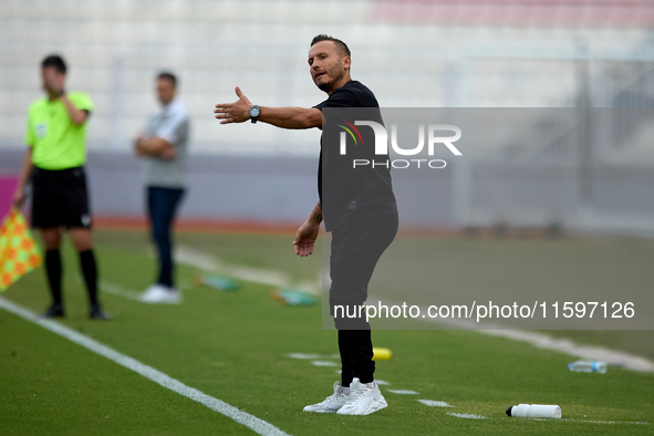 Andrew Cohen, head coach of Gzira United, gestures during the Malta 360 Sports Premier League soccer match between the two teams at the Nati...