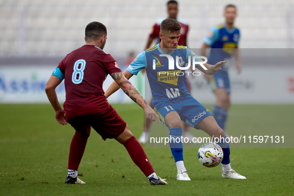 Myles Beerman (R) of Sliema Wanderers is confronted by Zachary Scerri (L), captain of Gzira United, during the Malta 360 Sports Premier Leag...