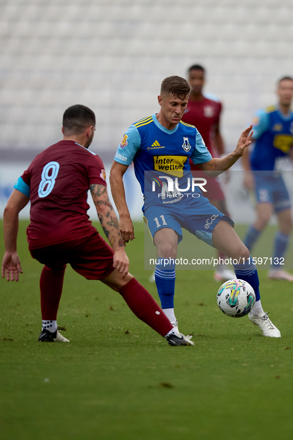 Myles Beerman (R) of Sliema Wanderers is confronted by Zachary Scerri (L), captain of Gzira United, during the Malta 360 Sports Premier Leag...