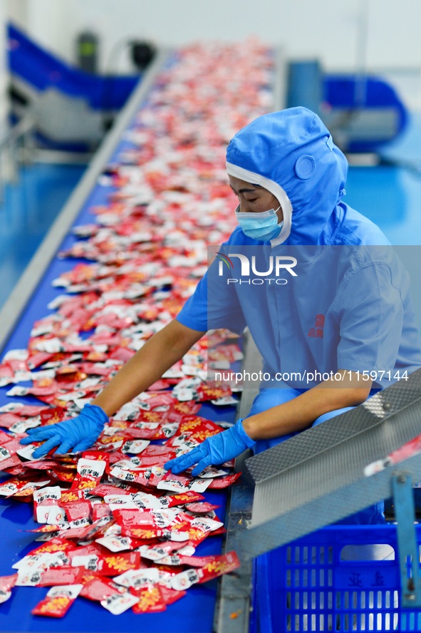 Workers inspect food packaging in Tengzhou, China, on September 21, 2024. 