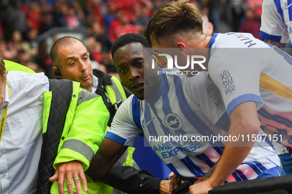 Danny Welbeck of Brighton celebrates after scoring a goal to make it 2-1 during the Premier League match between Brighton and Hove Albion an...