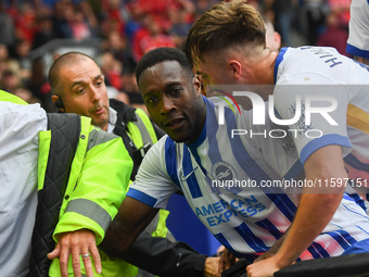 Danny Welbeck of Brighton celebrates after scoring a goal to make it 2-1 during the Premier League match between Brighton and Hove Albion an...