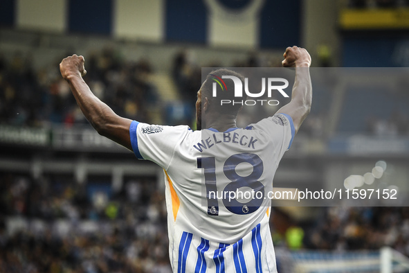 Danny Welbeck of Brighton gestures towards the Forest supporters after scoring a goal to make it 2-1 during the Premier League match between...