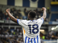 Danny Welbeck of Brighton gestures towards the Forest supporters after scoring a goal to make it 2-1 during the Premier League match between...