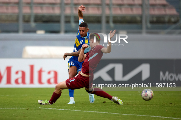 Stephen Pisani of Sliema Wanderers is challenged for the ball by Gabriel Bohrer Mentz of Gzira United during the Malta 360 Sports Premier Le...