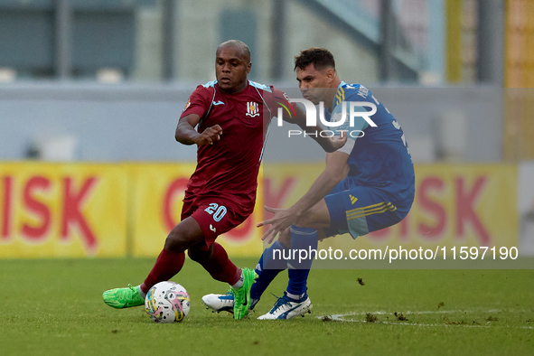 Alex Da Paixao Alves (L) of Gzira United is followed by Murilo Henrique Freire Bernardo (R) of Sliema Wanderers during the Malta 360 Sports...