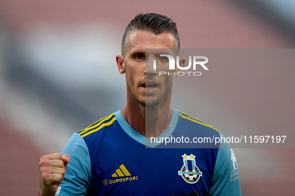 Vito Plut of Sliema Wanderers gestures in celebration after scoring the 0-1 goal during the Malta 360 Sports Premier League soccer match bet...