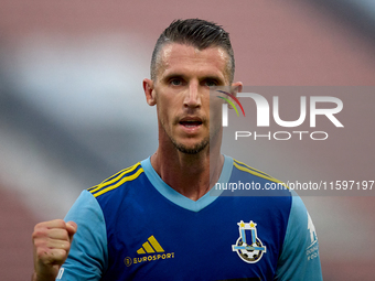 Vito Plut of Sliema Wanderers gestures in celebration after scoring the 0-1 goal during the Malta 360 Sports Premier League soccer match bet...