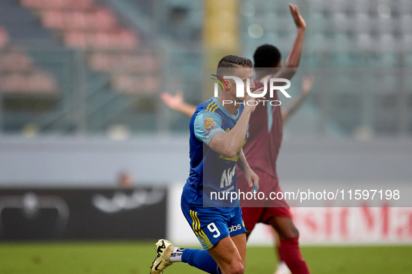 Vito Plut of Sliema Wanderers gestures in celebration after scoring the 0-1 goal during the Malta 360 Sports Premier League soccer match bet...