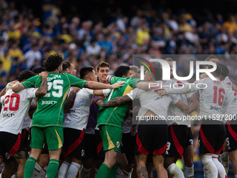 River Plate players celebrate after their team defeats Boca Juniors in an Argentine soccer league match at La Bombonera stadium in Buenos Ai...